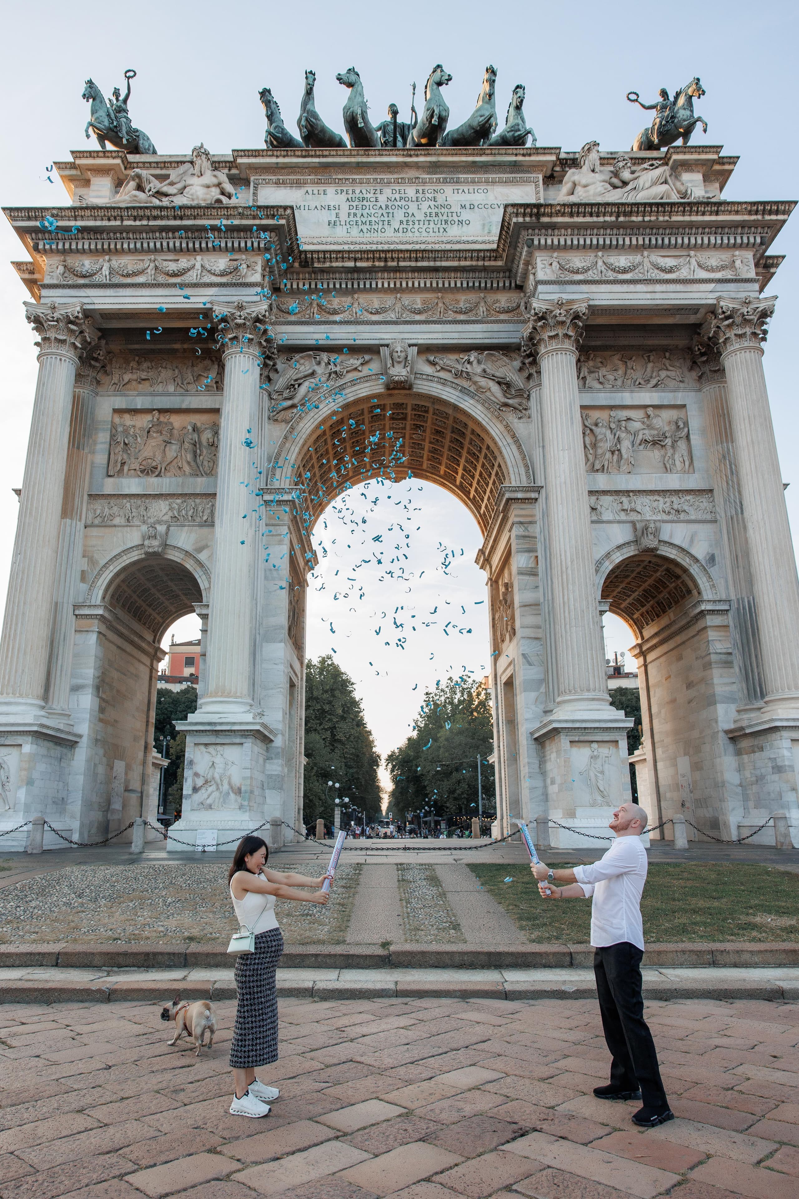 A joyful couple session among Milan's iconic landmarks, celebrating love and new beginnings.