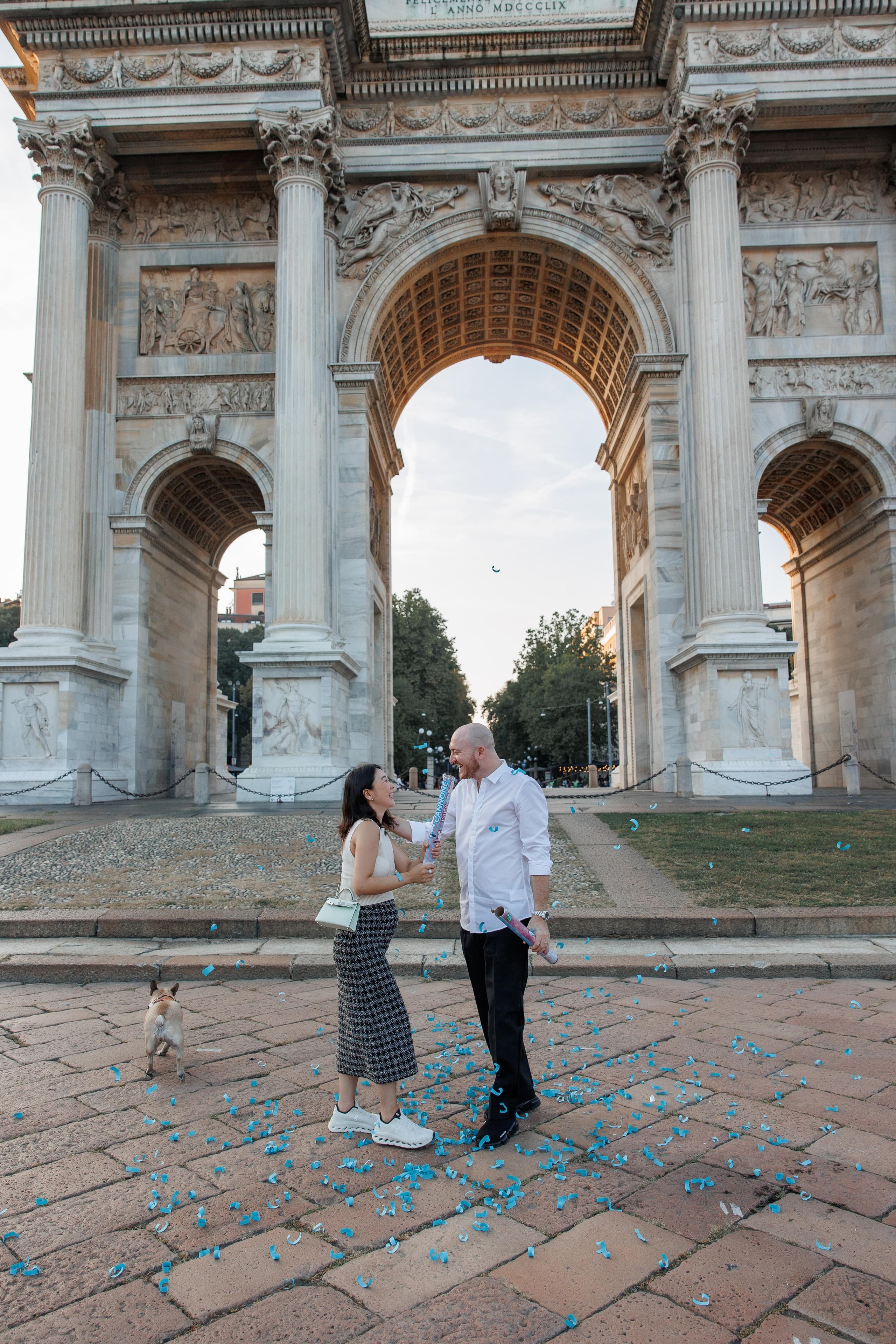 A joyful couple session among Milan's iconic landmarks, celebrating love and new beginnings.