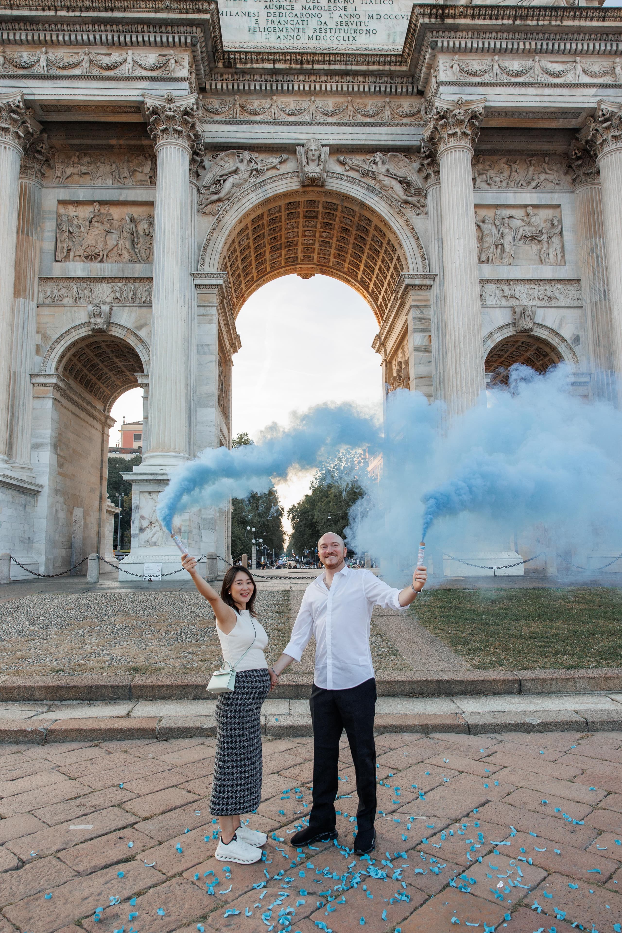A joyful couple session among Milan's iconic landmarks, celebrating love and new beginnings.