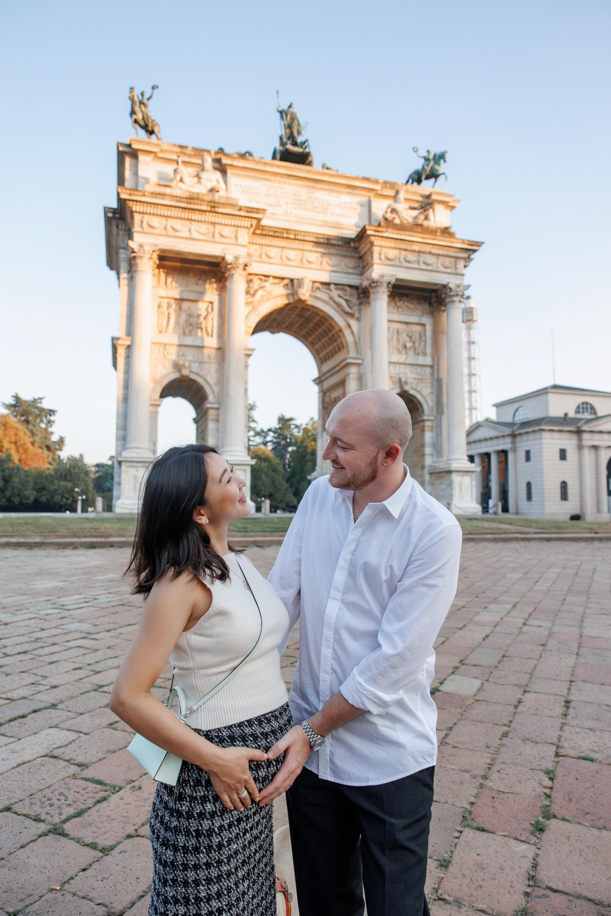 A joyful couple session among Milan's iconic landmarks, celebrating love and new beginnings.