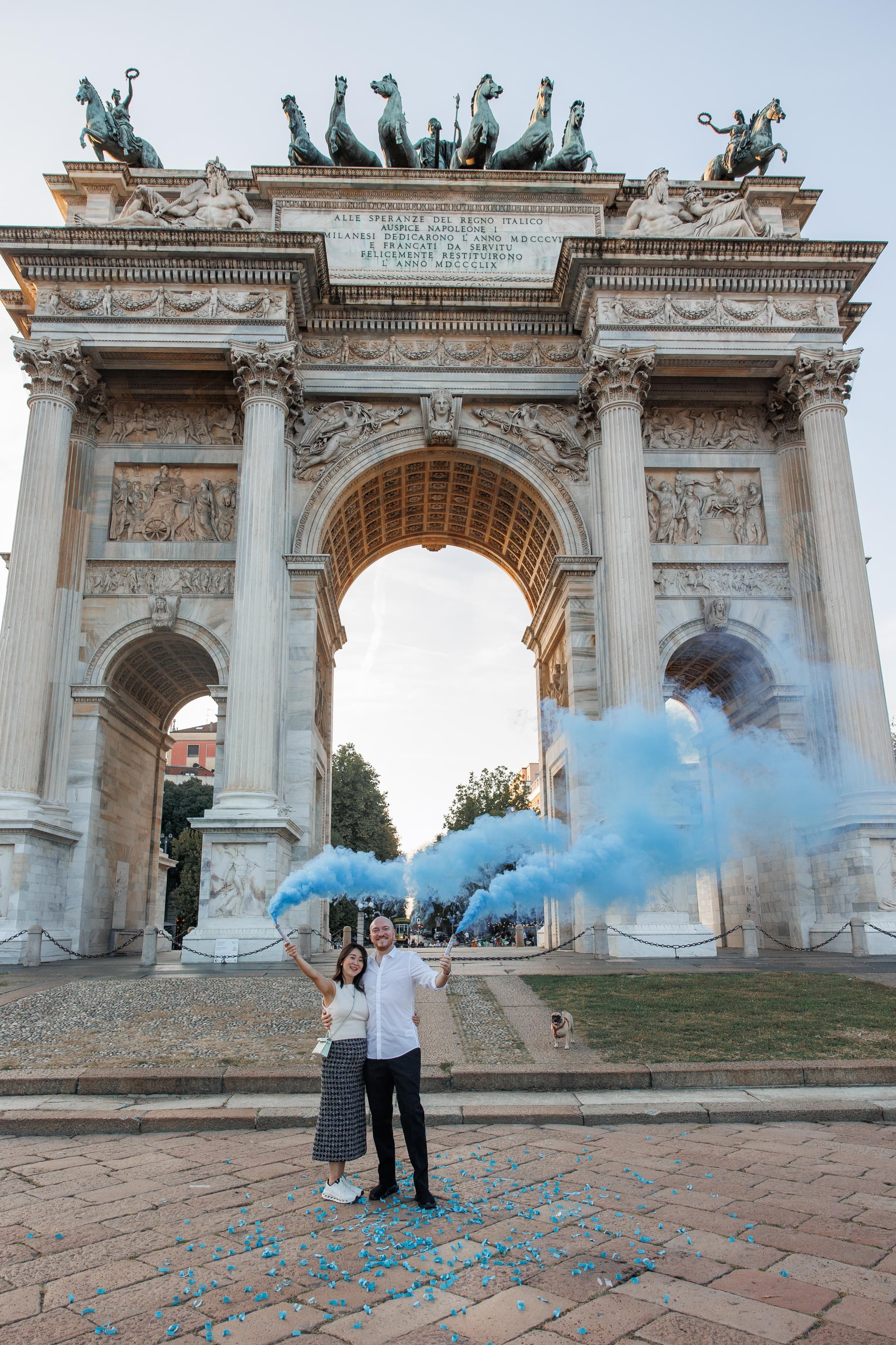 A joyful couple session among Milan's iconic landmarks, celebrating love and new beginnings.