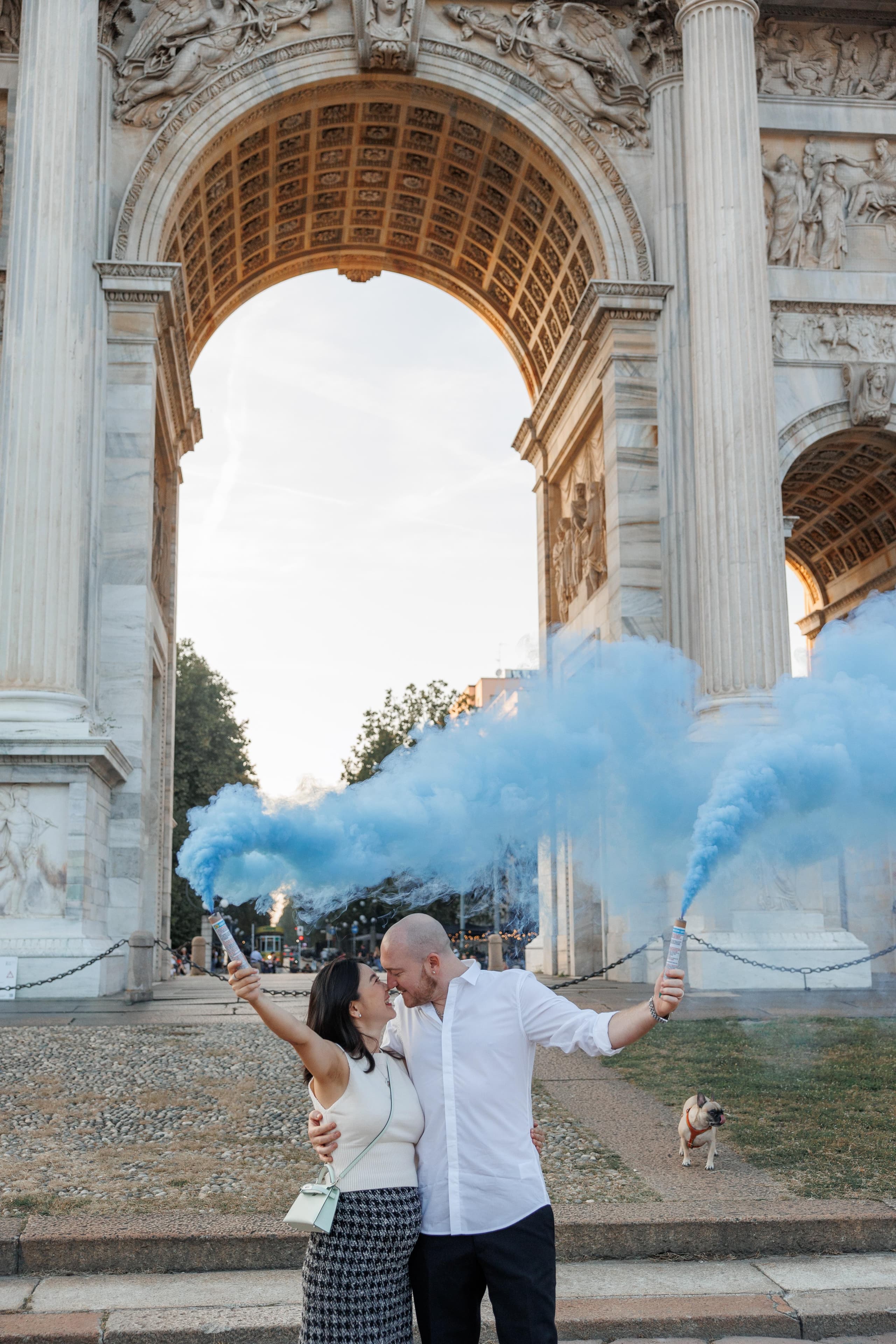 A joyful couple session among Milan's iconic landmarks, celebrating love and new beginnings.