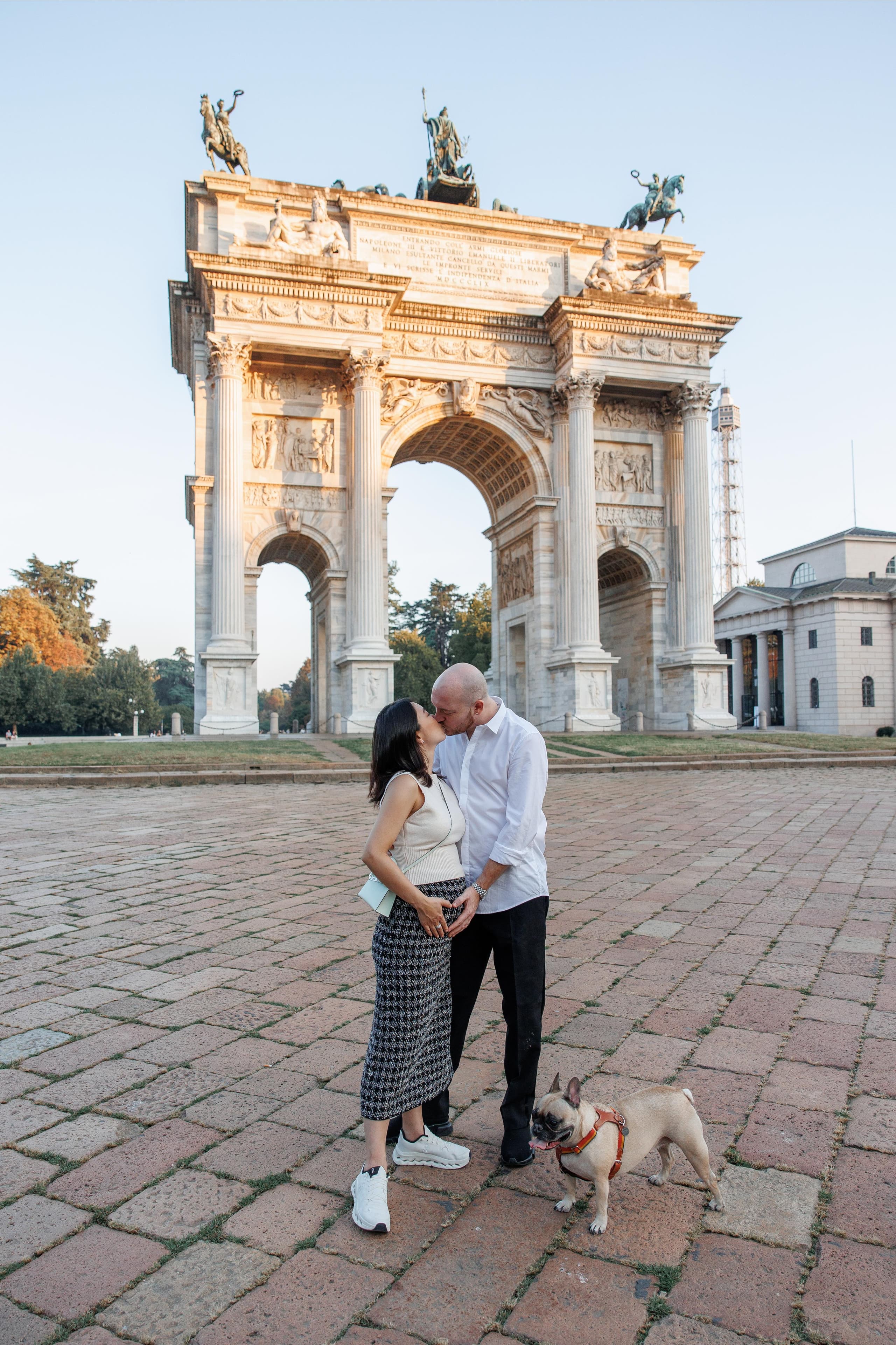 A joyful couple session among Milan's iconic landmarks, celebrating love and new beginnings.
